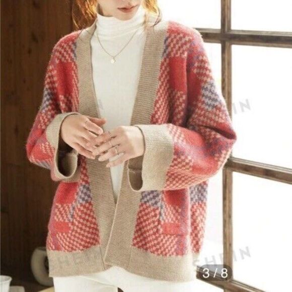 Knit Mix Oversized Cardigan Sweater M Red Blue Check Plaid Retro Knit Pockets - Picture 1 of 15